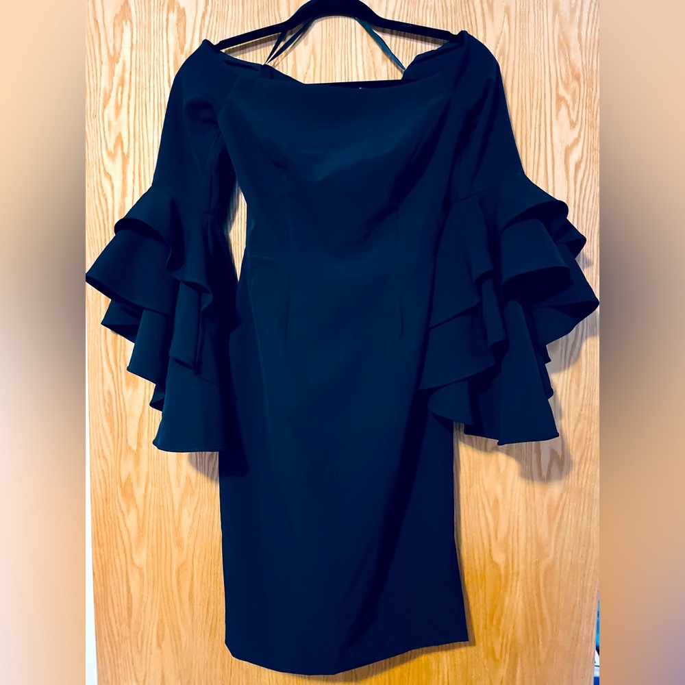 Milly Selena Navy Double Ruffle Off The Shoulder Three Quarter Cascade Sleeve